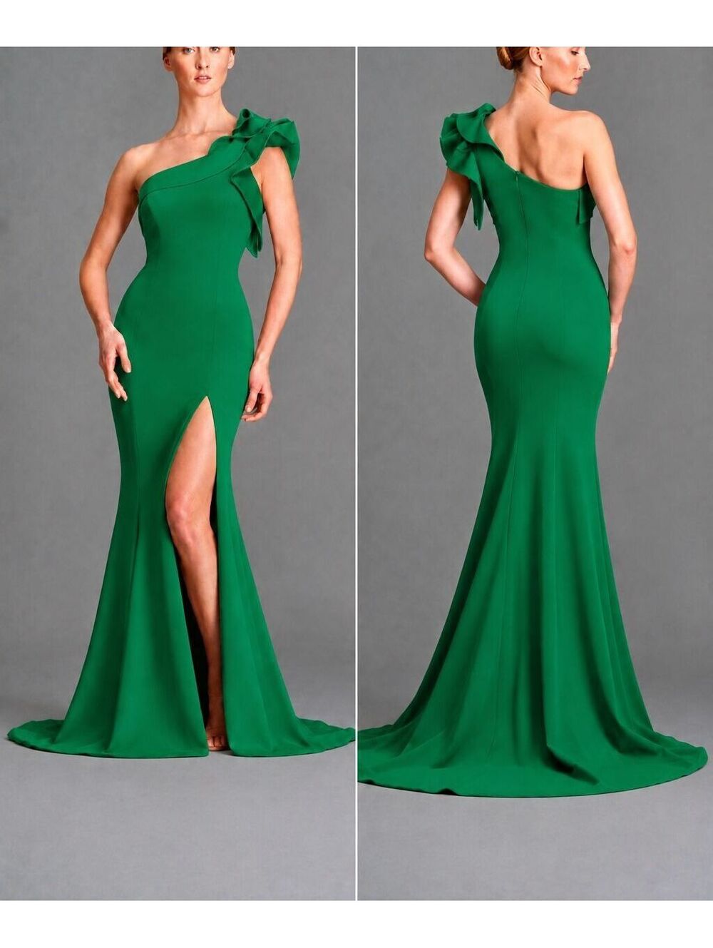 Couture Emerald One-Shoulder Ruffle Mermaid Formal Prom Evening Gown Slit sz 2